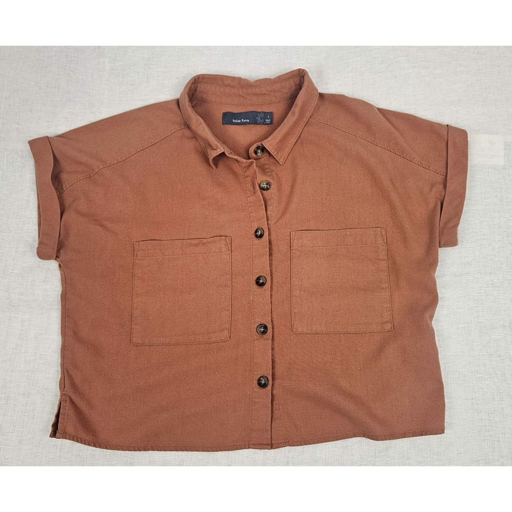 Indigo Rising Brown Linen Lagenlook Boxy Cropped Button Up Shirt L